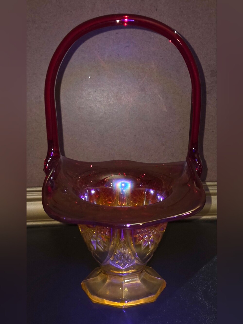 Vintage Fenton Red Orange Iridescent Carnival Glass Basket